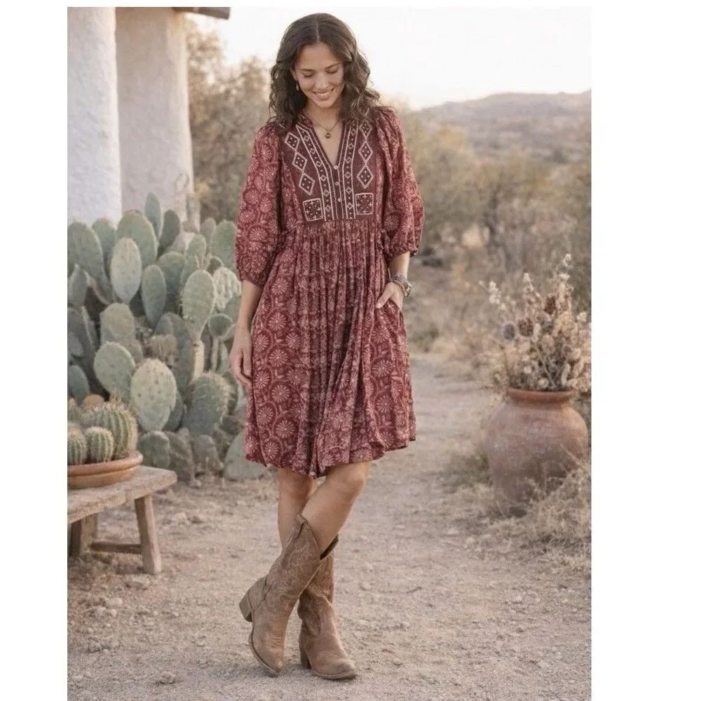 Sundance Lizet Embroidered Boho Dress Burgundy Red Small Western Prairie